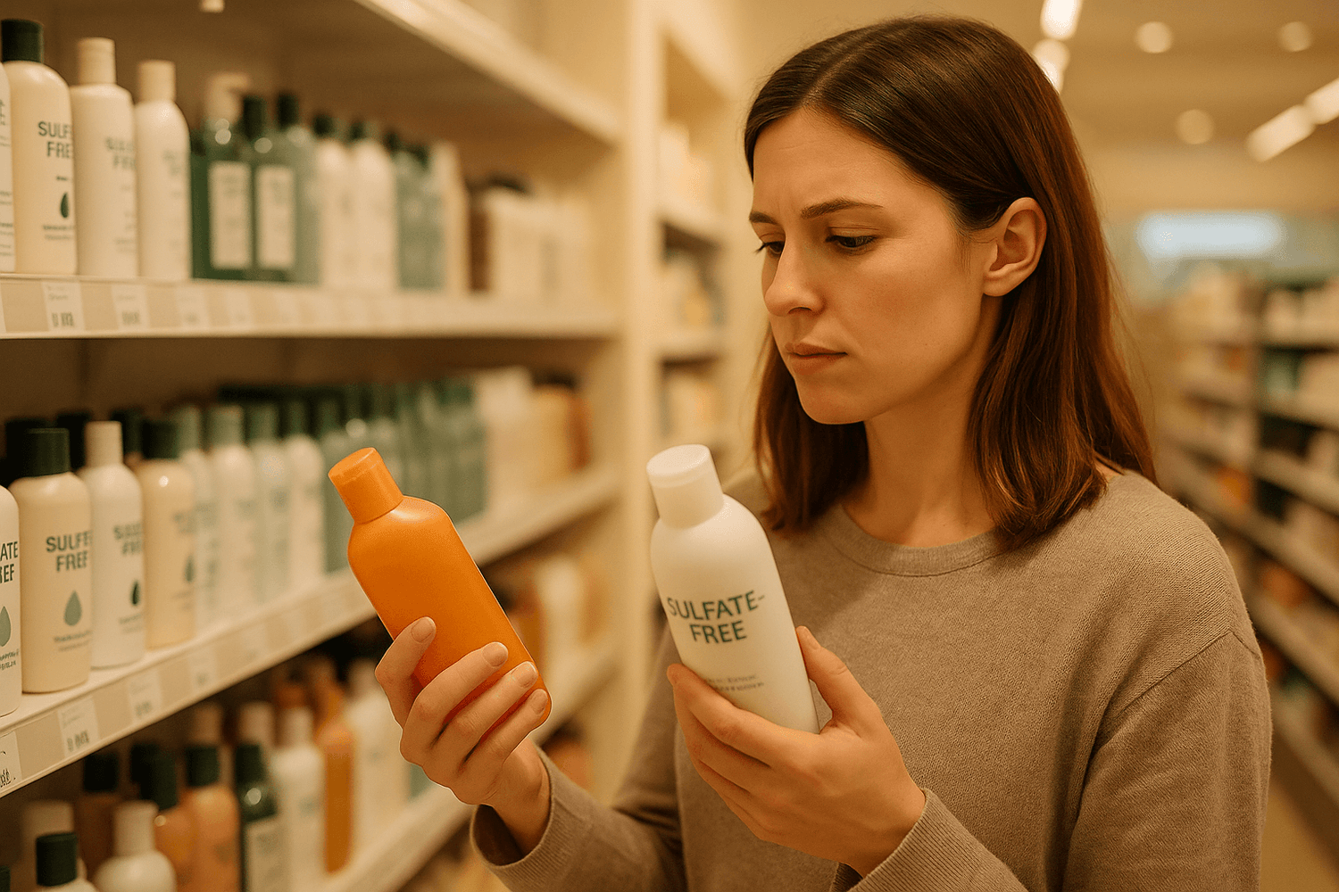 woman shopping for sulfate free shampoos