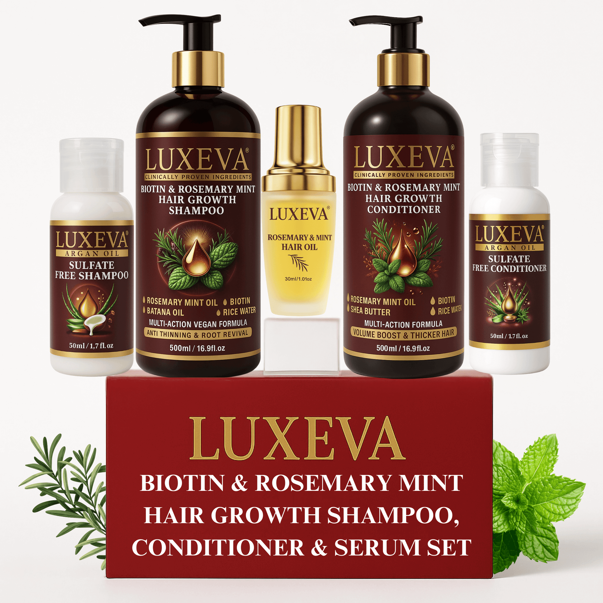 Biotin & Rosemary Mint Hair Growth Shampoo, Conditioner Sulfate Free and Rosemary Oil for Hair Growth Set. Clean beauty shampoo & conditioner gift box