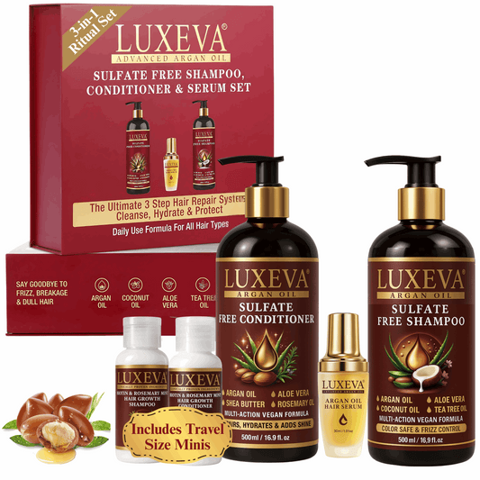 Argan Oil Sulfate Free Shampoo, Conditioner and Argan Oil Serum Set. Clean beauty shampoo & conditioner gift box suitable for color treated treated, dry damaged, dull and frizzy hair. Comes with travel size shampoo & conditioner set