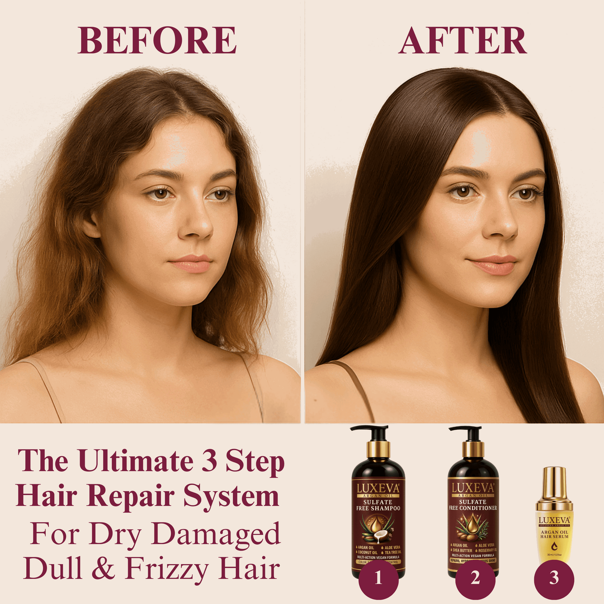 LUXEVA Argan Oil Sulfate Free Shampoo, Conditioner and Argan Oil Serum Set. Tranformation Before & After frizzy hair