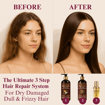 LUXEVA Argan Oil Sulfate Free Shampoo, Conditioner and Argan Oil Serum Set. Tranformation Before & After frizzy hair
