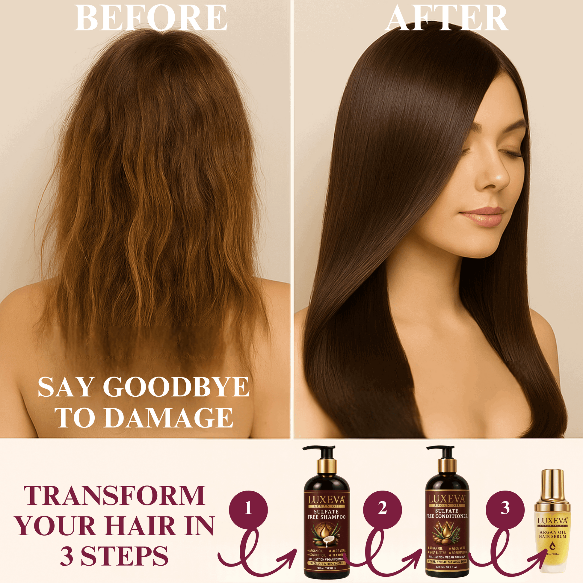 LUXEVA Argan Oil Sulfate Free Shampoo, Conditioner and Argan Oil Serum Set. Tranformation Before & After dry damaged hair