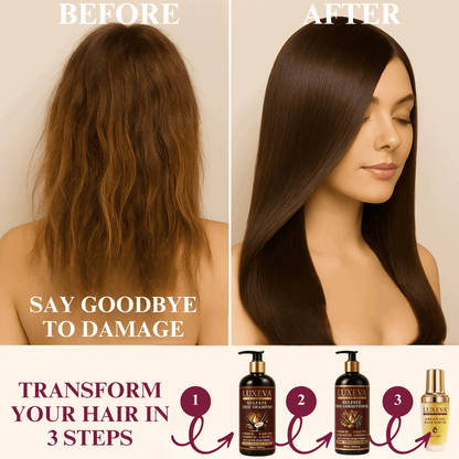 LUXEVA Argan Oil Sulfate Free Shampoo, Conditioner and Argan Oil Serum Set. Tranformation Before & After dry damaged hair