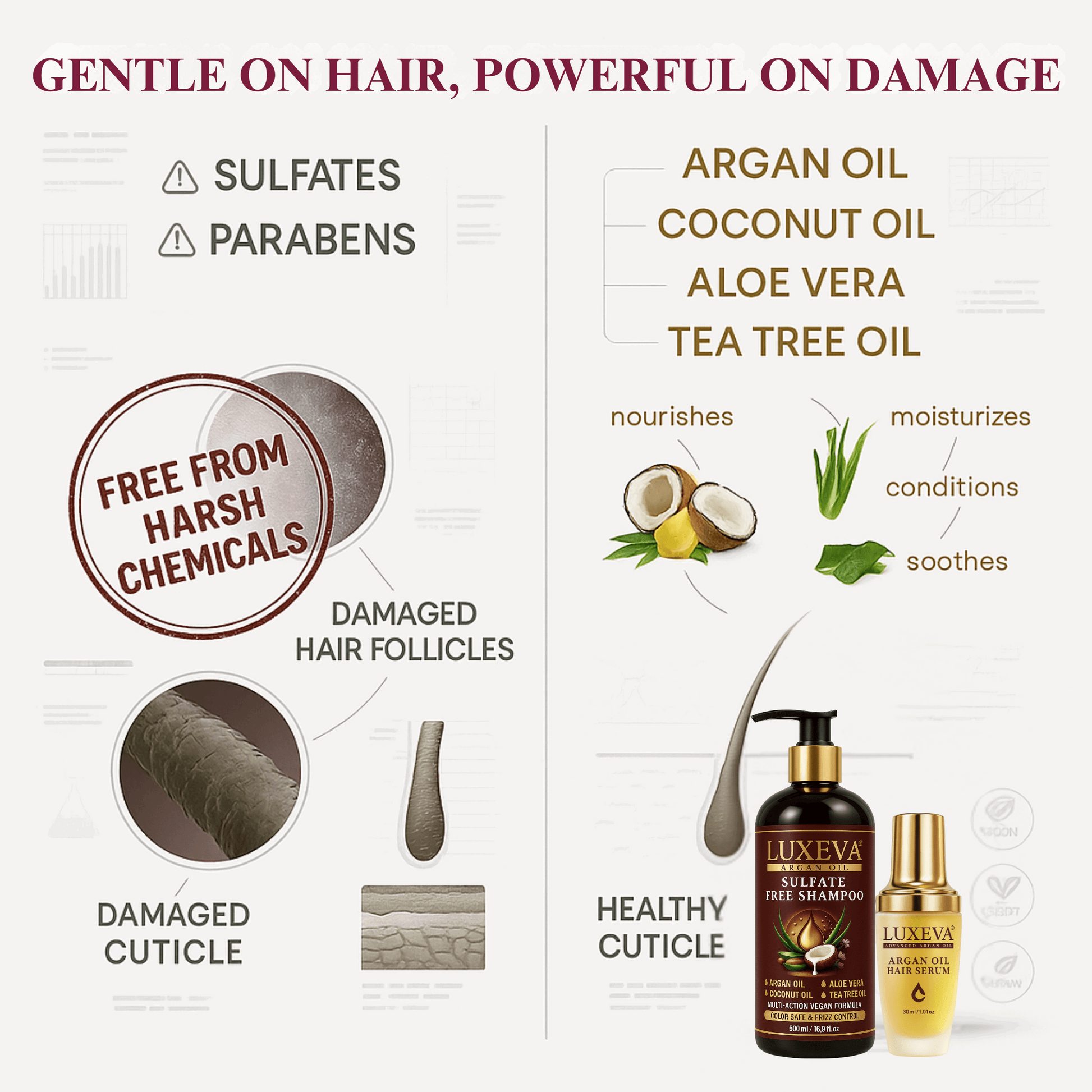 LUXEVA Argan Oil Sulfate Free Shampoo, Conditioner and Argan Oil Serum Set. Clean Beauty free from sulfates, parabens