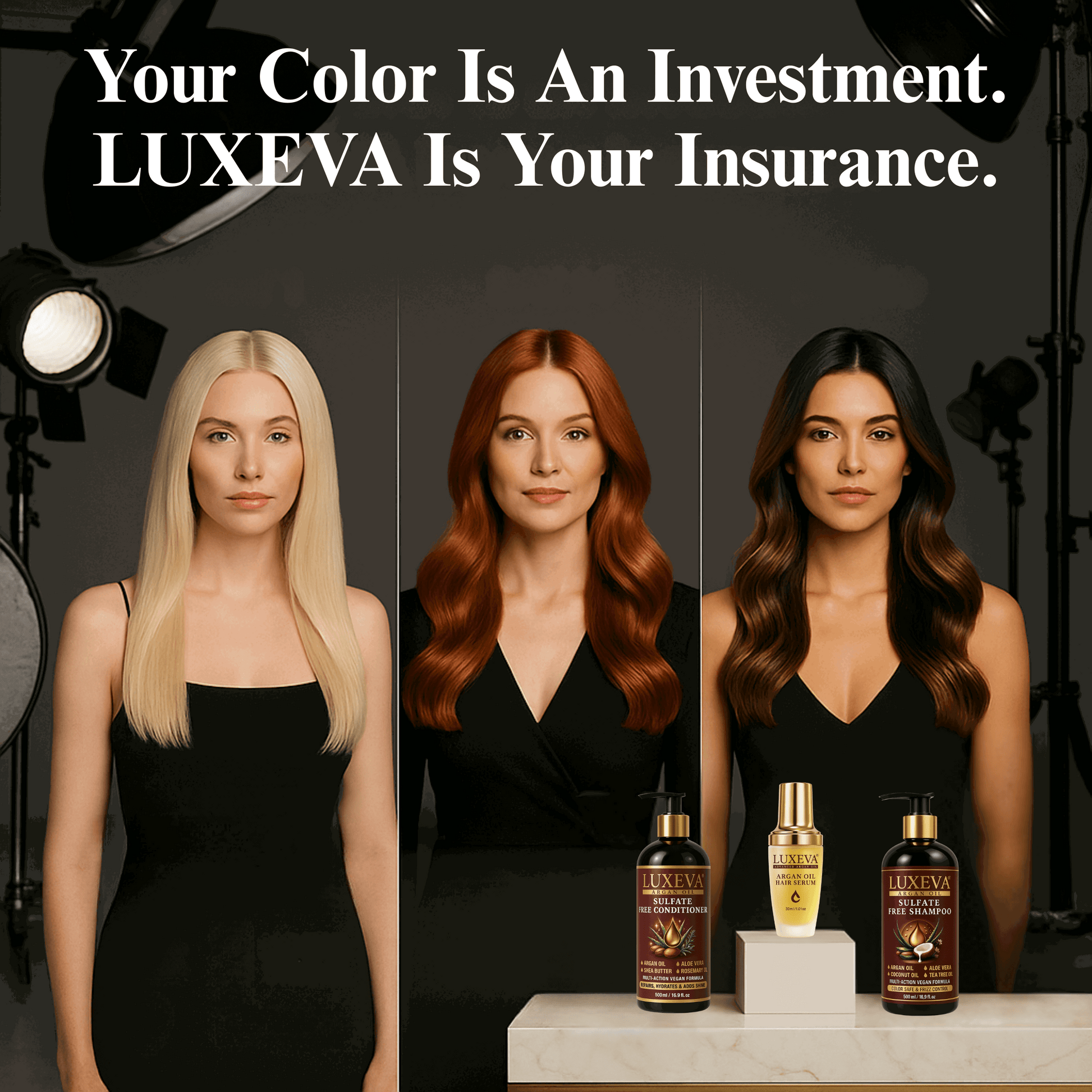 LUXEVA Argan Oil Sulfate Free Shampoo, Conditioner and Argan Oil Serum Set. Suitable for Color Treated Hair Vibrancy