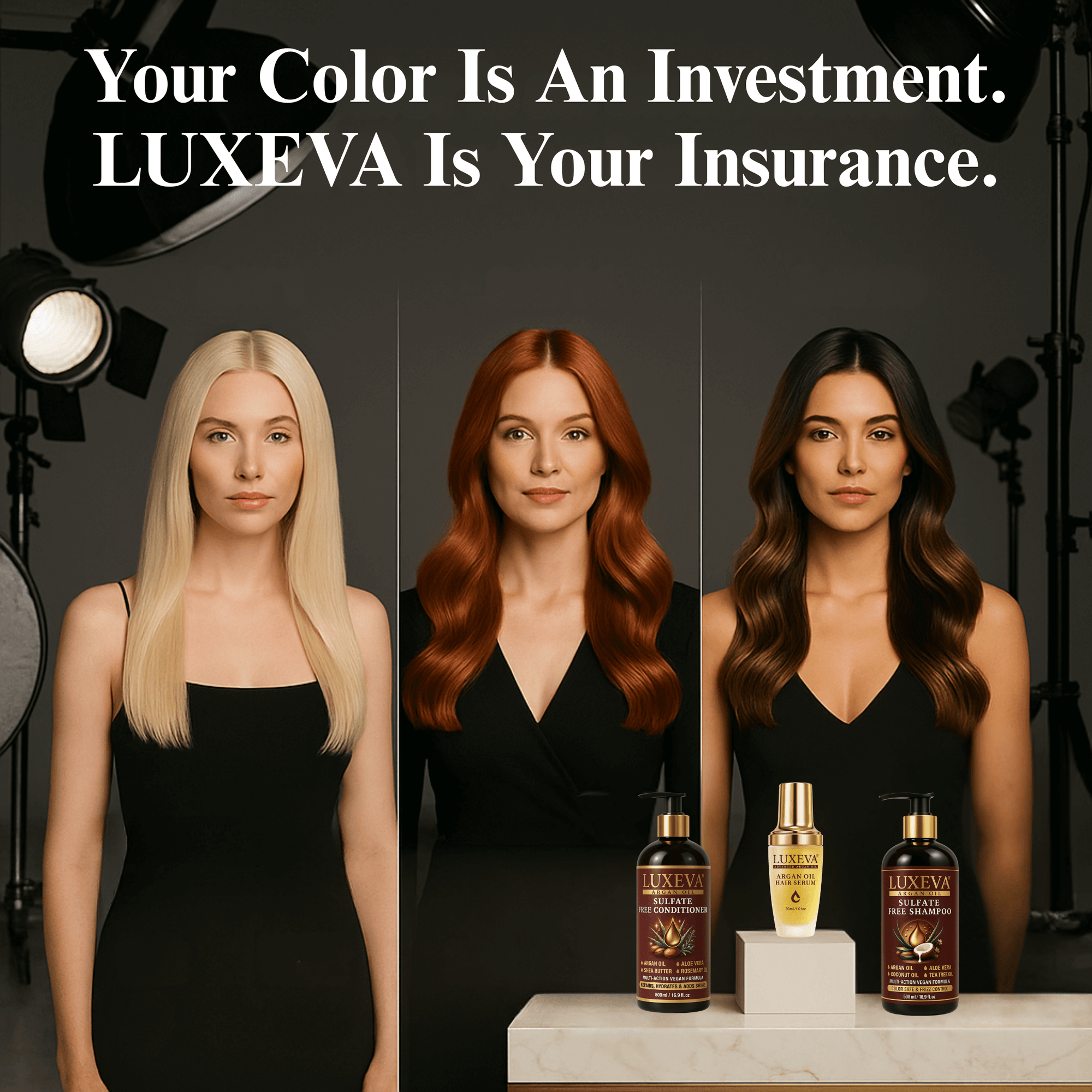 LUXEVA Argan Oil Sulfate Free Shampoo, Conditioner and Argan Oil Serum Set. Suitable for Color Treated Hair Vibrancy