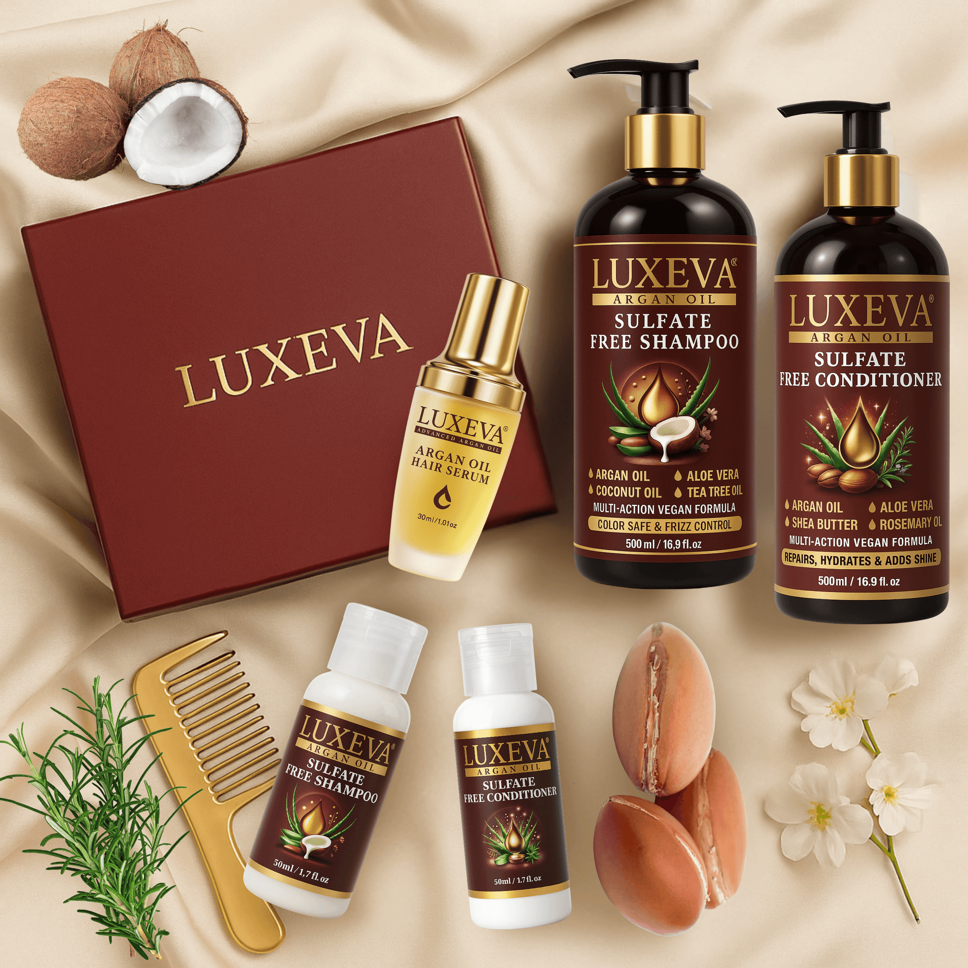 Argan Oil Sulfate Free Shampoo, Conditioner and Argan Oil Serum Set. Clean beauty shampoo & conditioner gift box suitable for color treated treated, dry damaged, dull and frizzy hair. Comes with travel size shampoo & conditioner set