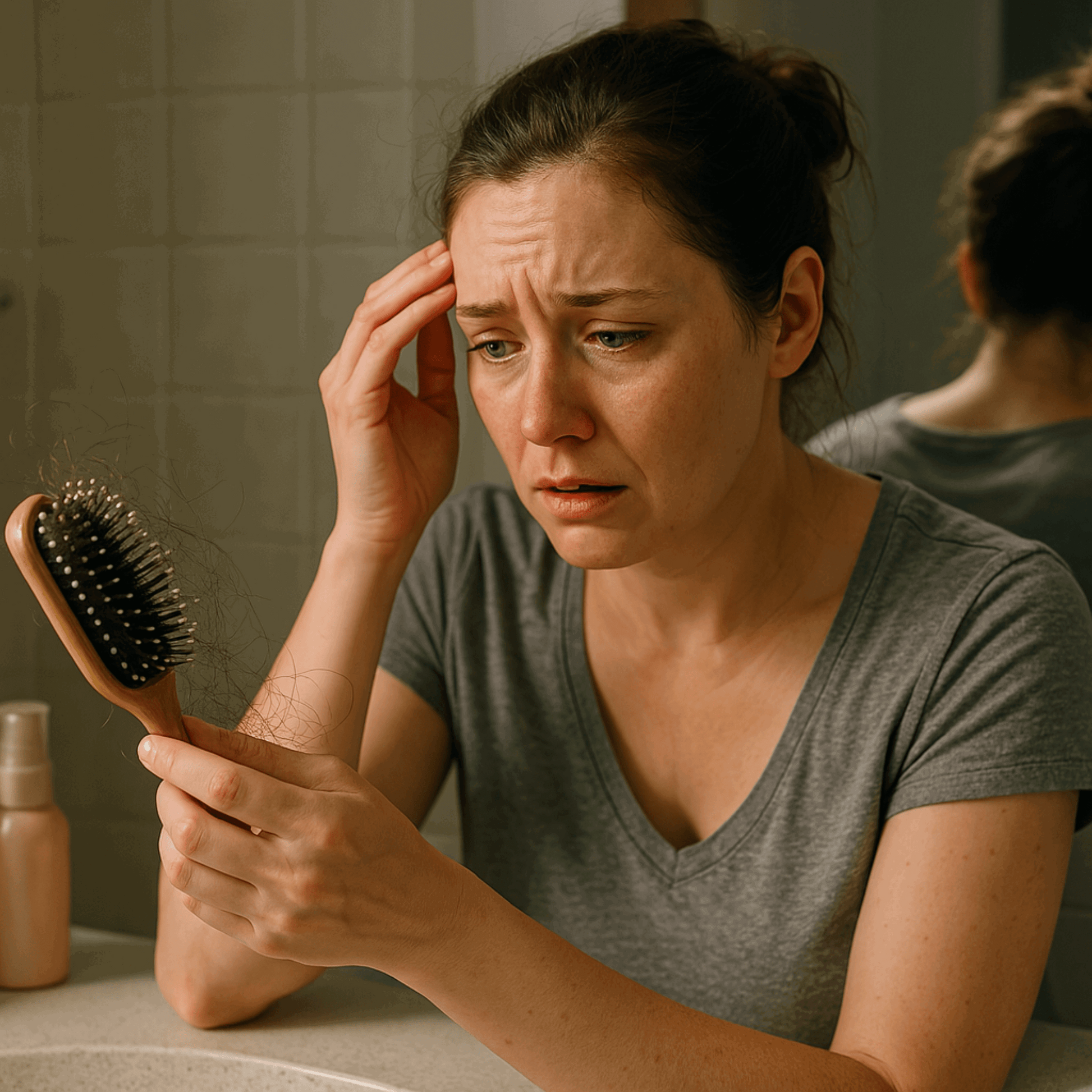 A distressed woman suffering from perimenopause hair shedding seeing hair breakage and split ends on comb